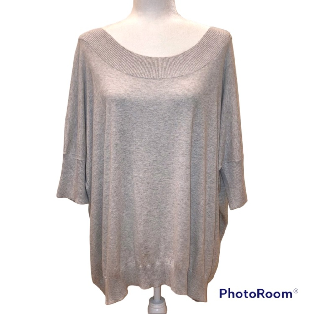 CAbi Oversized Sweater 3/4 Sleeve Boat Neck Batwing Gray Large